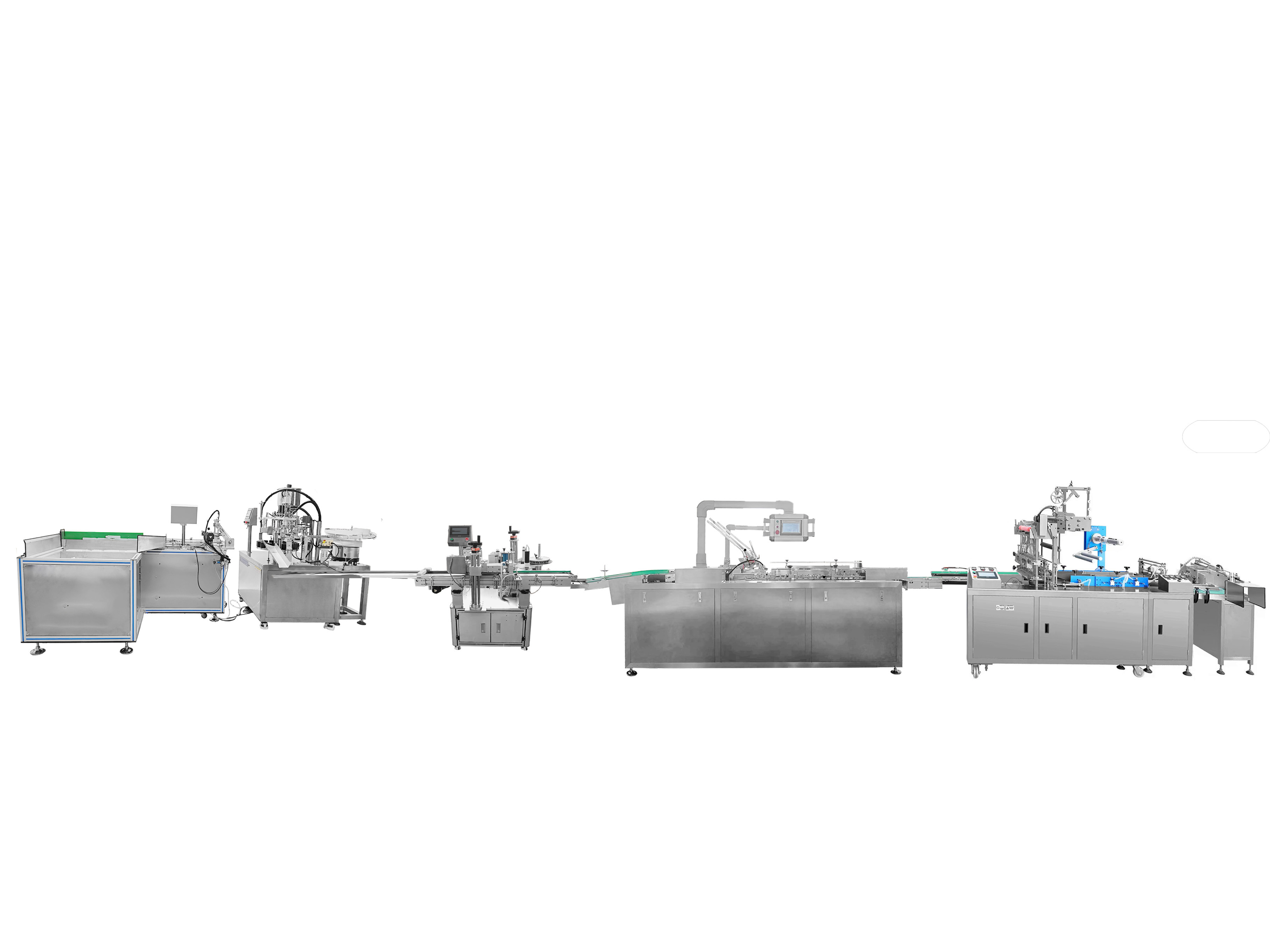 Bottle filling capping labeling cartoning and film wrapping production line