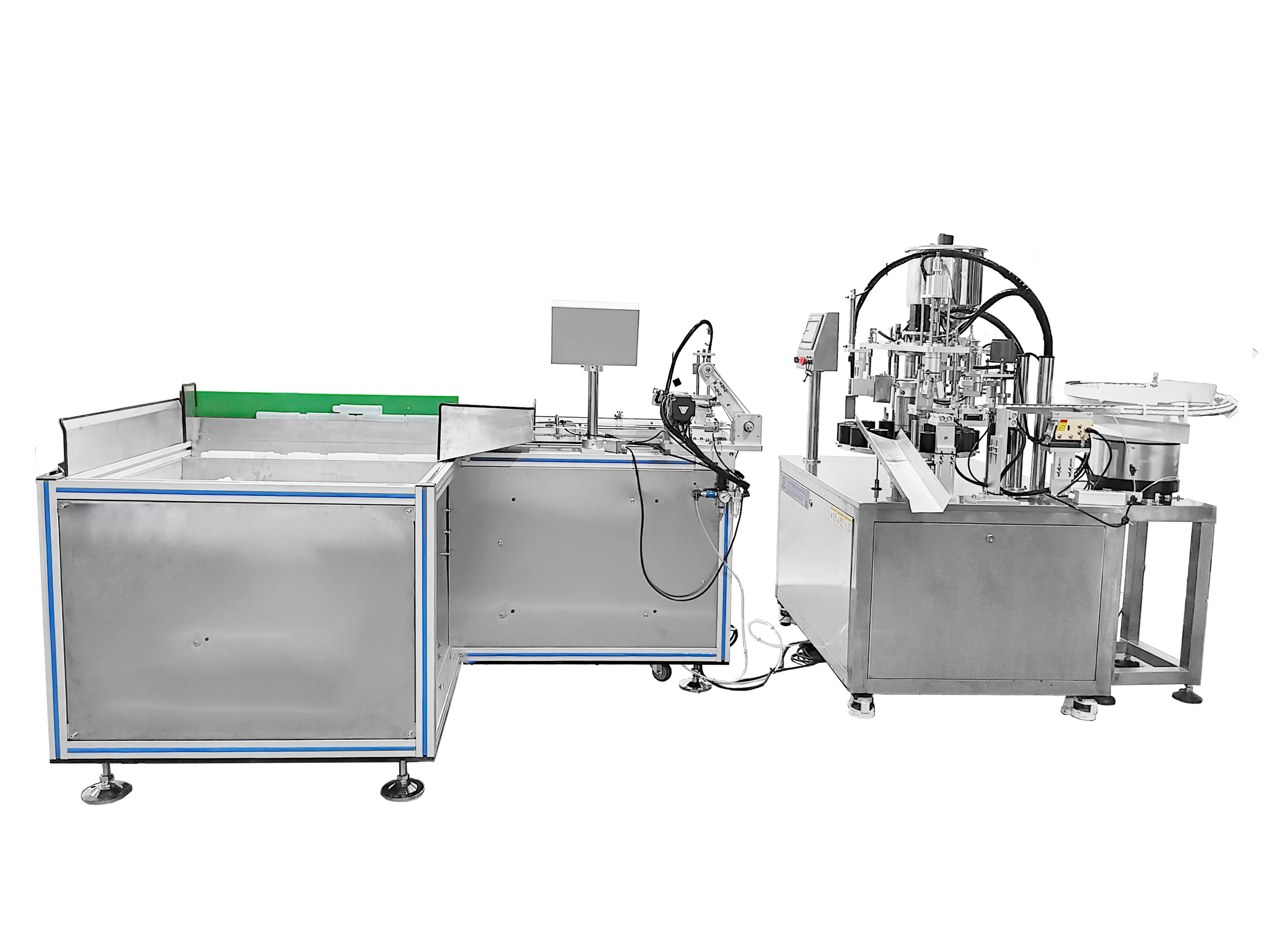 Automatic bottles filling and capping machine with bottle unscrambler